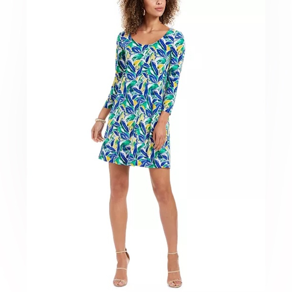 Pappagallo Blue and Green Leaf Print Dress
